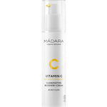 Madara Vitamin C Illuminating Recovery Cream 50ml comes in a white pump bottle with a minimalist design, suitable for all skin types. This brightening organic moisturizer promotes radiant, healthy-looking skin.