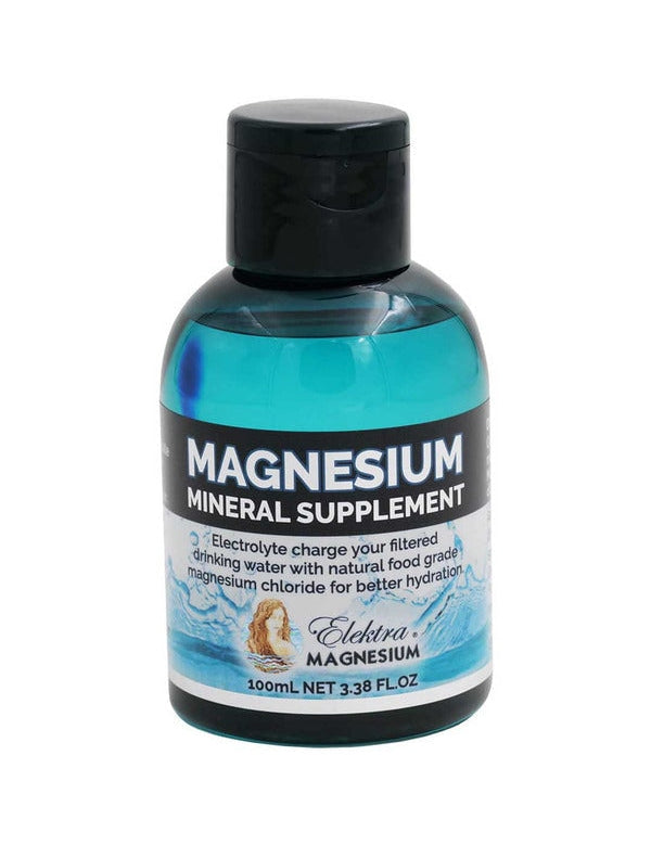 Small transparent teal Elektra Magnesium Mineral Supplement bottle with a black flip cap and a black-and-blue label featuring a water splash.