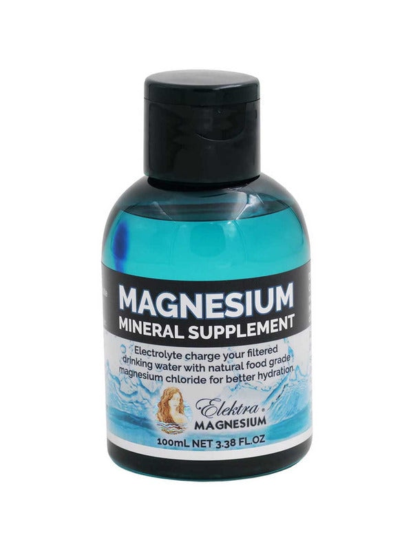Small transparent teal Elektra Magnesium Mineral Supplement bottle with a black flip cap and a black-and-blue label featuring a water splash.