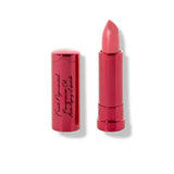 A vegan, moisturising pink-coral lipstick—100% Pure Pomegranate Oil Moisturising Lipstick 4.5g—in a shiny metallic pink tube with black cursive writing. Shown upright, cap off. Below: Magnolia (a bright bubblegum-coral).