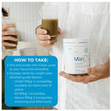 A person in a white shirt holds a container labeled “Natural Health by Meah Man21 300g” and a glass of green superfood smoothie, while another person in the background has a similar glass. Dosage instructions by body weight are shown.