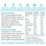 The nutrition label for Natural Health by Meah Man21 300g, a vegan wholefood superfood blend, highlights gluten, dairy, soy, and sugar-free ingredients. It lists per 10g scoop nutrition facts, usage instructions, and St. John's Wort precautions.