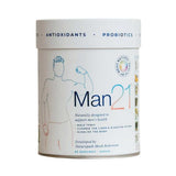Natural Health by Meah Man21 300g comes in a white container with a minimalist flexing man outline. This wholefood blend contains antioxidants, probiotics, and nutrients to support men’s vitality—30 servings, developed by a naturopath.