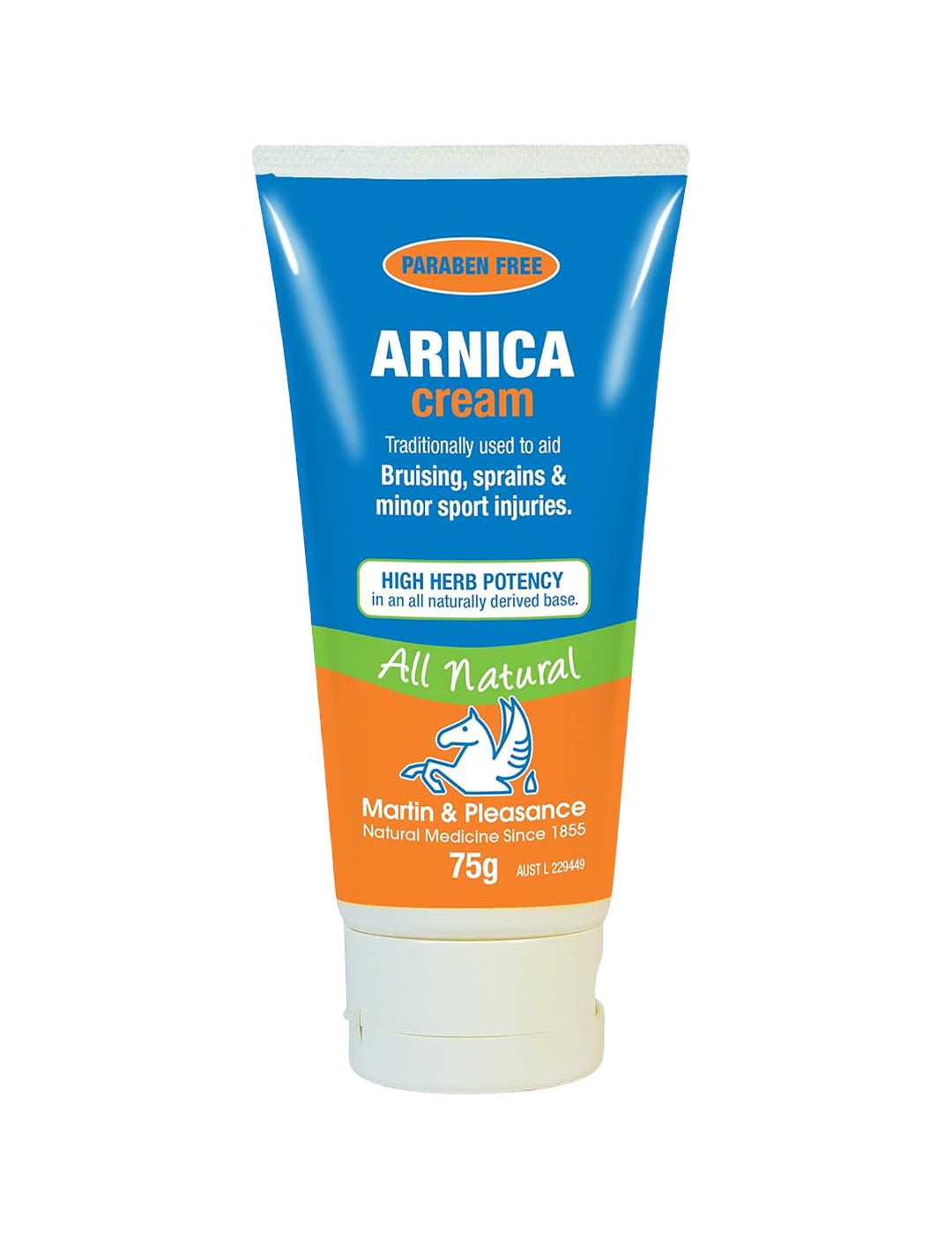 Martin & Pleasance Arnica Herbal Cream Tube 75g is paraben free and all natural, used for bruising, sprains, and minor sports injuries. The blue, green, and orange tube with a white cap contains 75g of cream.
