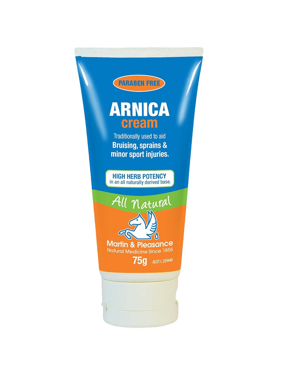Martin & Pleasance Arnica Herbal Cream Tube 75g is paraben free and all natural, used for bruising, sprains, and minor sports injuries. The blue, green, and orange tube with a white cap contains 75g of cream.