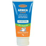 Martin & Pleasance Arnica Herbal Cream Tube 75g is paraben free and all natural, used for bruising, sprains, and minor sports injuries. The blue, green, and orange tube with a white cap contains 75g of cream.
