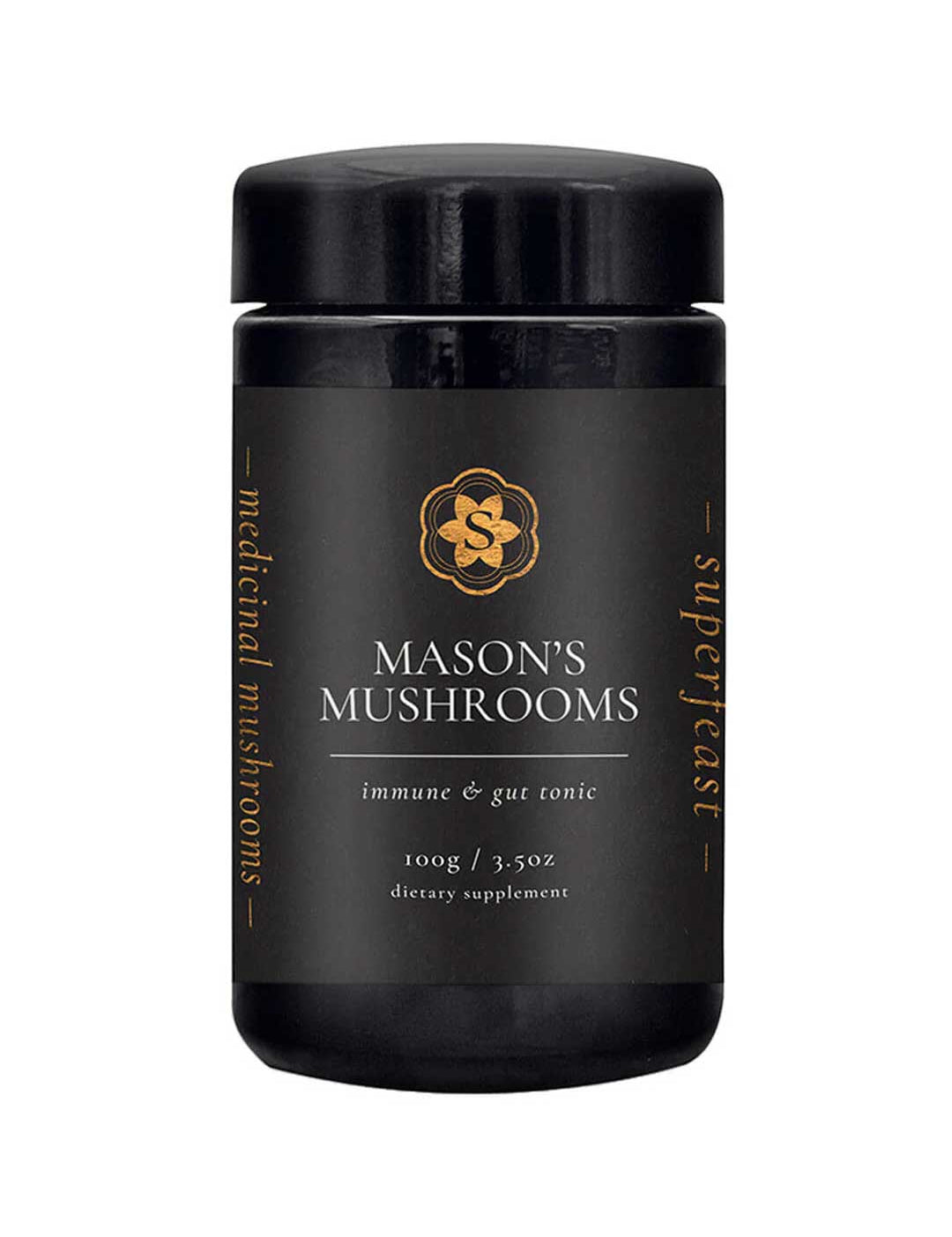 A black jar of Superfeast Mason's Mushrooms 100g Powder with gold and white text, labeled as a medicinal mushroom supplement for immune and digestive health. The sides read "medicinal mushrooms" and "super tasty.