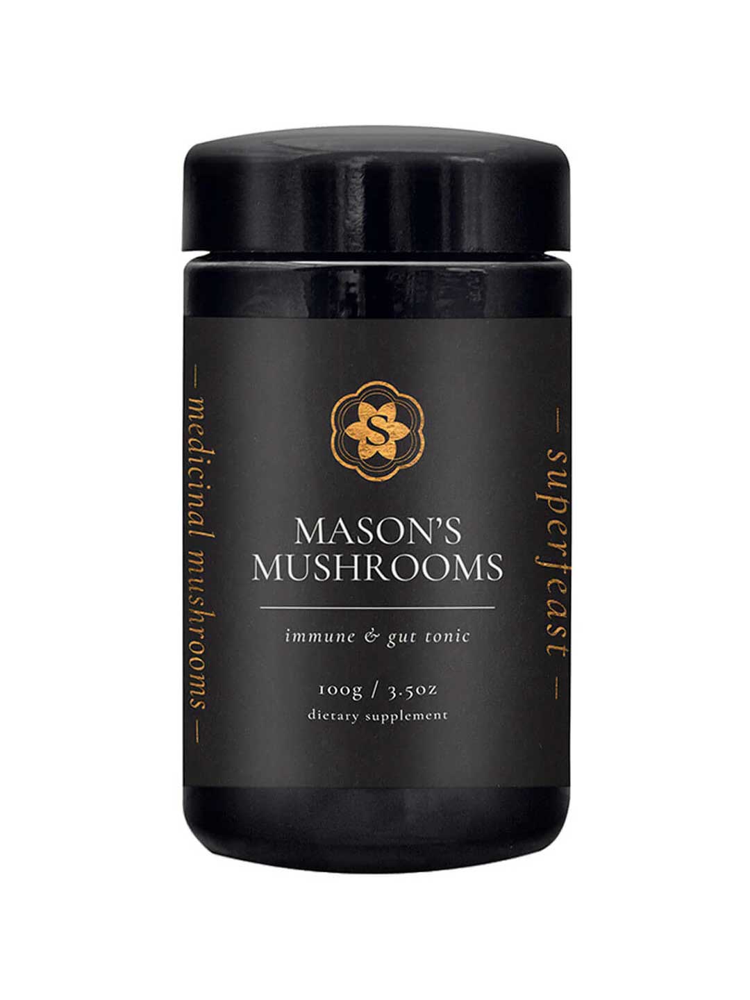 A black jar of Superfeast Mason's Mushrooms 100g Powder with gold and white text, labeled as a medicinal mushroom supplement for immune and digestive health. The sides read "medicinal mushrooms" and "super tasty.
