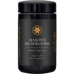 A black jar of Superfeast Mason's Mushrooms 100g Powder with gold and white text, labeled as a medicinal mushroom supplement for immune and digestive health. The sides read "medicinal mushrooms" and "super tasty.
