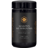 A black jar of Superfeast Mason's Mushrooms 100g Powder with gold and white text, labeled as a medicinal mushroom supplement for immune and digestive health. The sides read "medicinal mushrooms" and "super tasty.