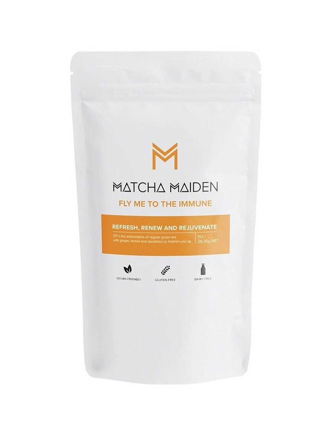 A white resealable pouch of Matcha Maiden Fly Me To The Immune Blend 28.35g with orange accents and icons for vegan, gluten-free, and dairy-free features an immune-boosting matcha green tea to refresh, renew, and rejuvenate.
