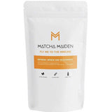 A white resealable pouch of Matcha Maiden Fly Me To The Immune Blend 28.35g with orange accents and icons for vegan, gluten-free, and dairy-free features an immune-boosting matcha green tea to refresh, renew, and rejuvenate.