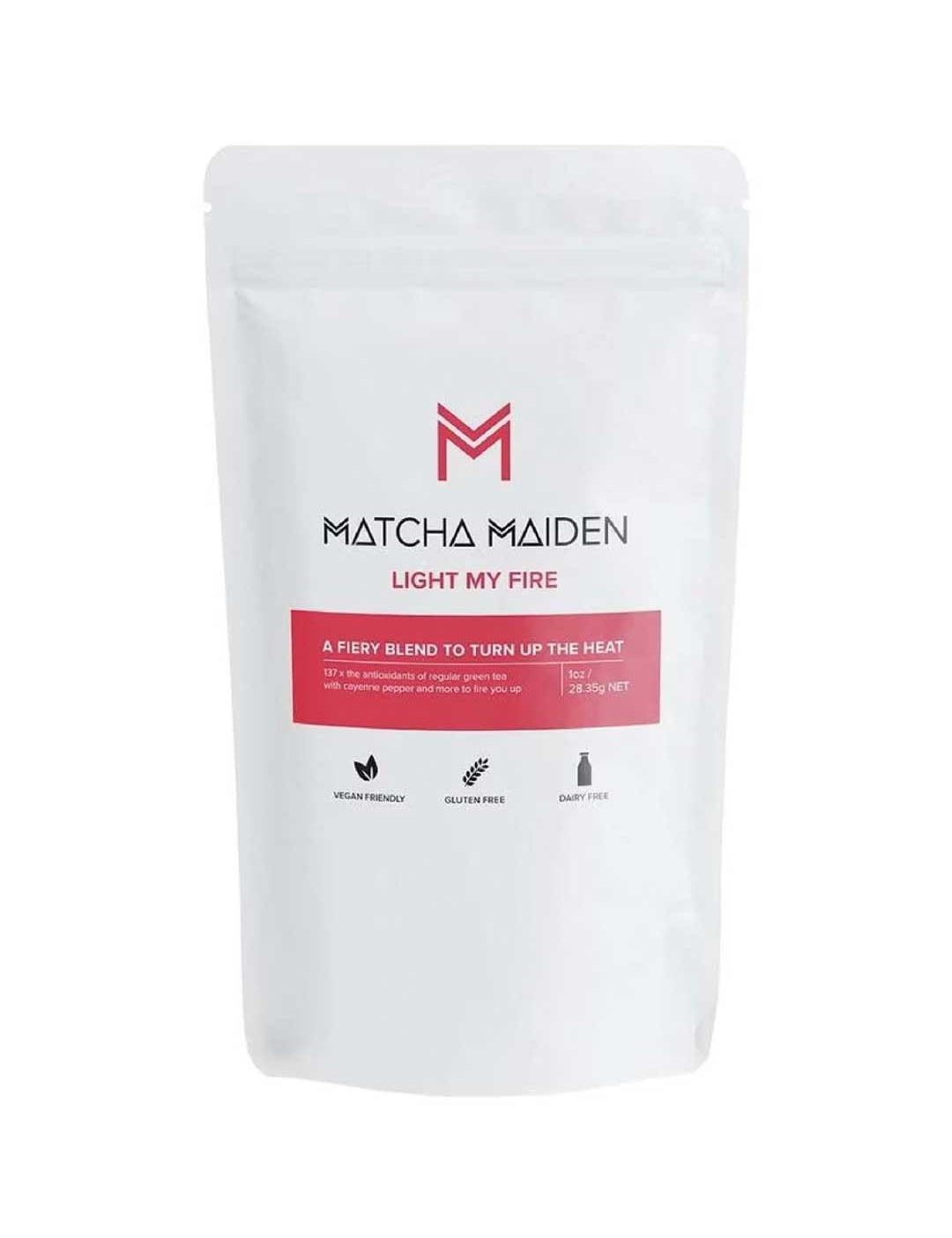 The Matcha Maiden Light My Fire Blend 28.35g comes in a white resealable pouch with a red band, offering an energising matcha green tea that's vegan, gluten free, dairy free, antioxidant-rich, and "a fiery blend to turn up the heat.