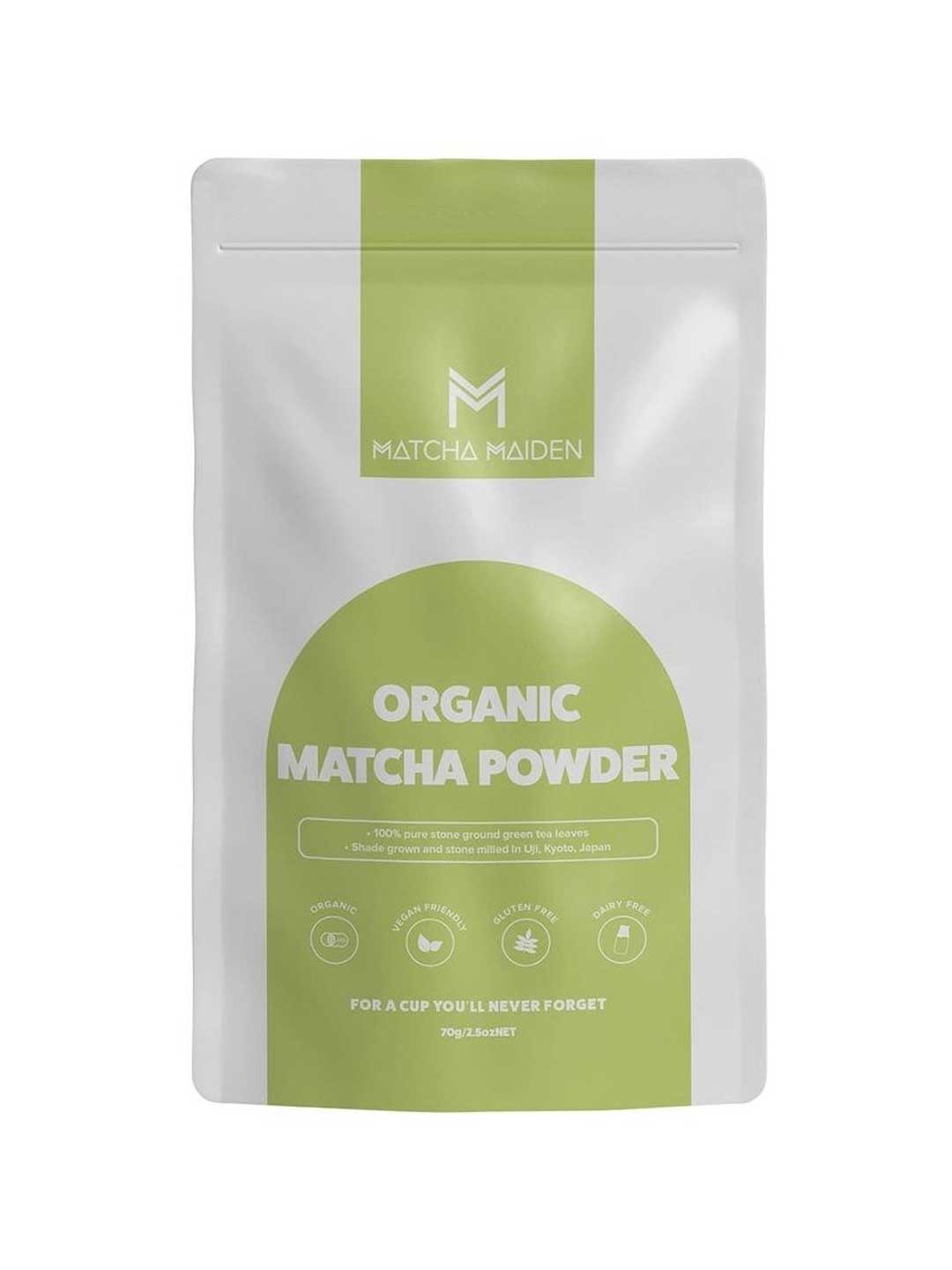 A white and green resealable pouch labeled Matcha Maiden Matcha Green Tea Powder 100% Pure Stone Ground 70g features icons and text highlighting its pure Japanese matcha quality, with "For a cup you'll never forget" at the bottom.