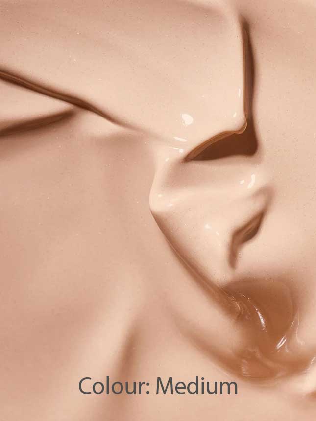 Close-up of a smooth, creamy beige liquid with a glossy texture, likely Hyaluronic Anti-Pollution CC Cream SPF15 40ml; 'Colour: Medium' appears at the bottom.