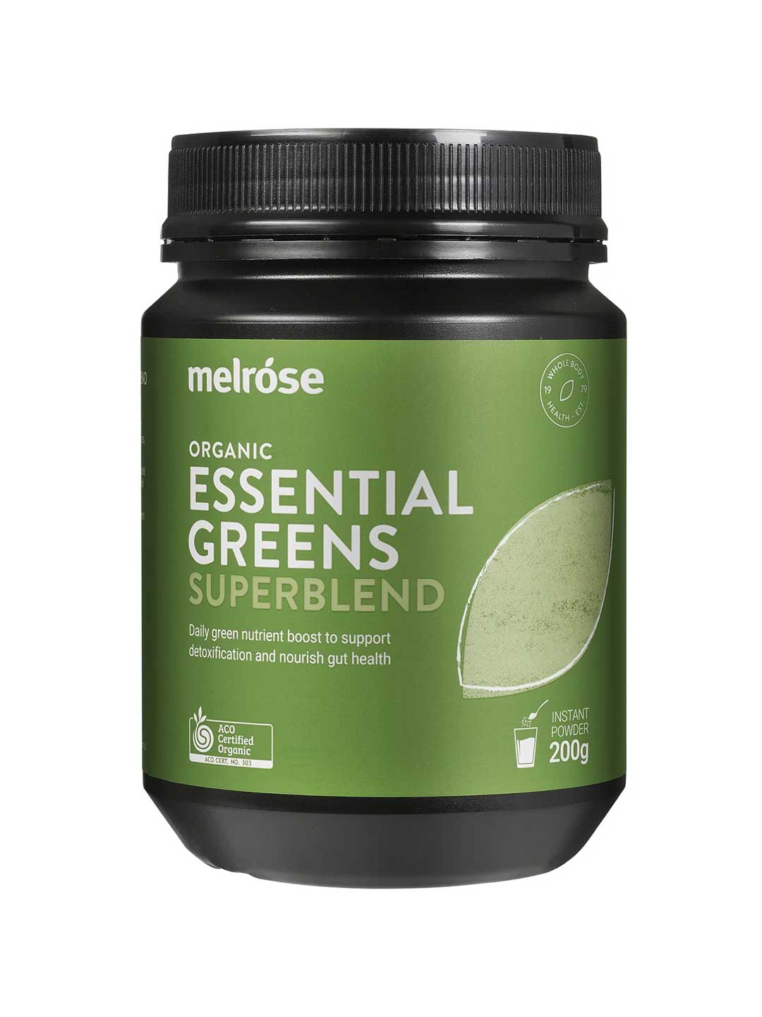 A green plastic jar labeled Melrose Certified Organic Essential Greens Powder 200g, featuring a scoop of greens powder and text highlighting detoxification and gut health benefits. The jar contains 200g of superfood blend powder.