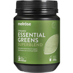 A green plastic jar labeled Melrose Certified Organic Essential Greens Powder 200g, featuring a scoop of greens powder and text highlighting detoxification and gut health benefits. The jar contains 200g of superfood blend powder.