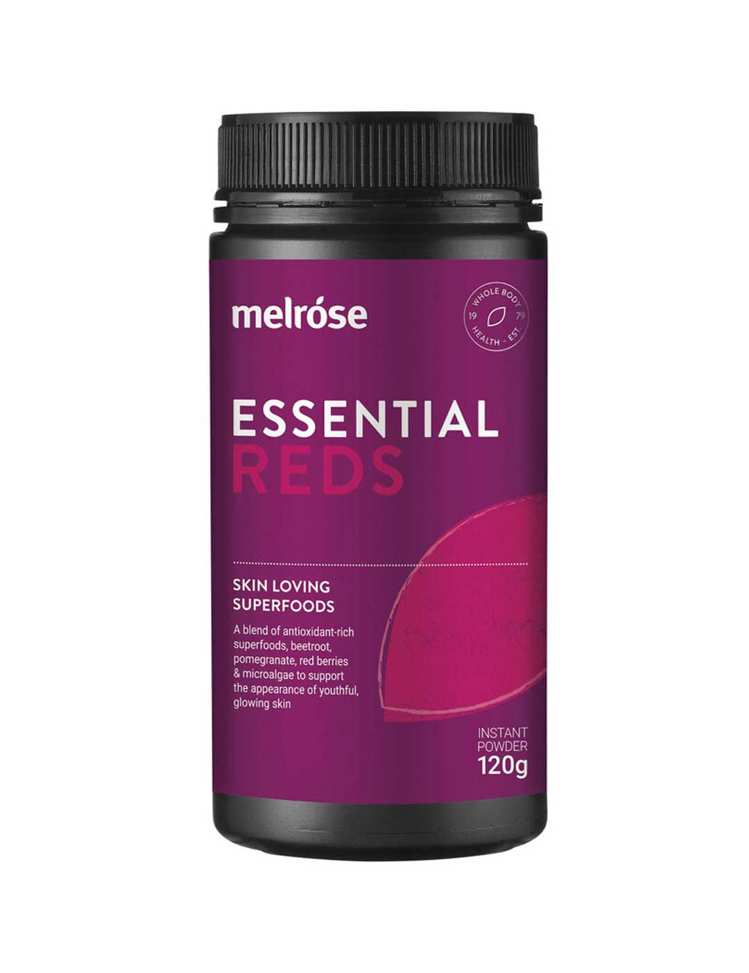 A dark plastic container of Melrose Essential Reds 120g, a berry powder with a purple label and white text, marketed as a skin health supplement and antioxidant superfood blend, highlighting its skin-loving antioxidant benefits.