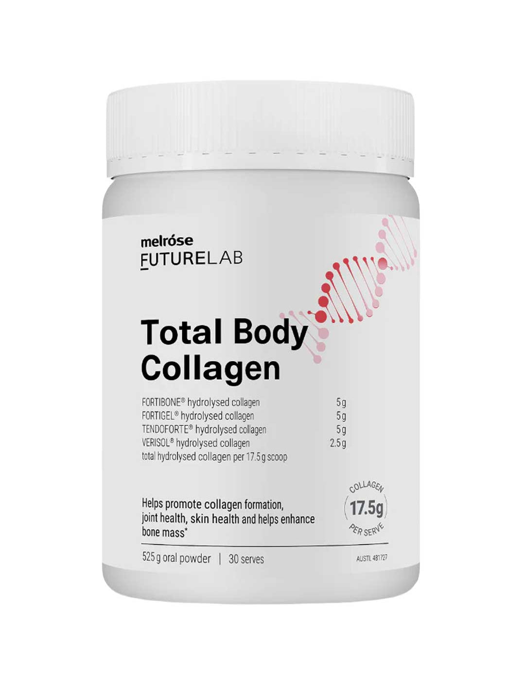 A white container of Melrose Health FutureLab Total Body Collagen 525g features collagen peptides and ingredient amounts supporting collagen formation, joint function, skin health, and bone mass. The label highlights 17.5g per scoop.