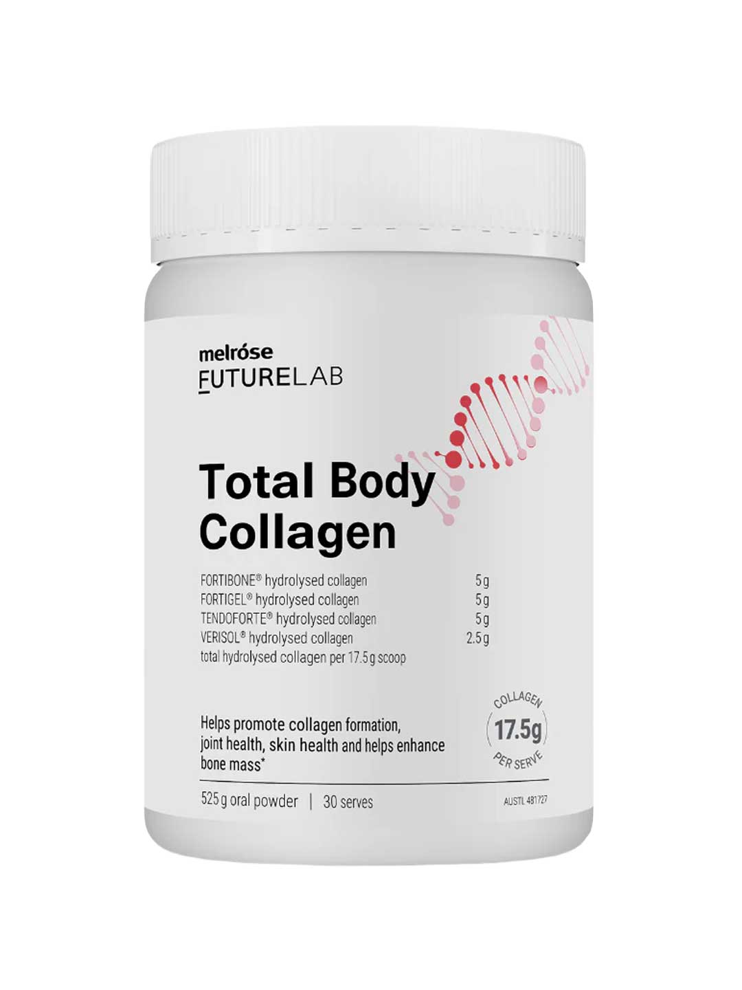 A white container of Melrose Health FutureLab Total Body Collagen 525g features collagen peptides and ingredient amounts supporting collagen formation, joint function, skin health, and bone mass. The label highlights 17.5g per scoop.