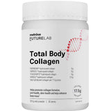 A white container of Melrose Health FutureLab Total Body Collagen 525g features collagen peptides and ingredient amounts supporting collagen formation, joint function, skin health, and bone mass. The label highlights 17.5g per scoop.