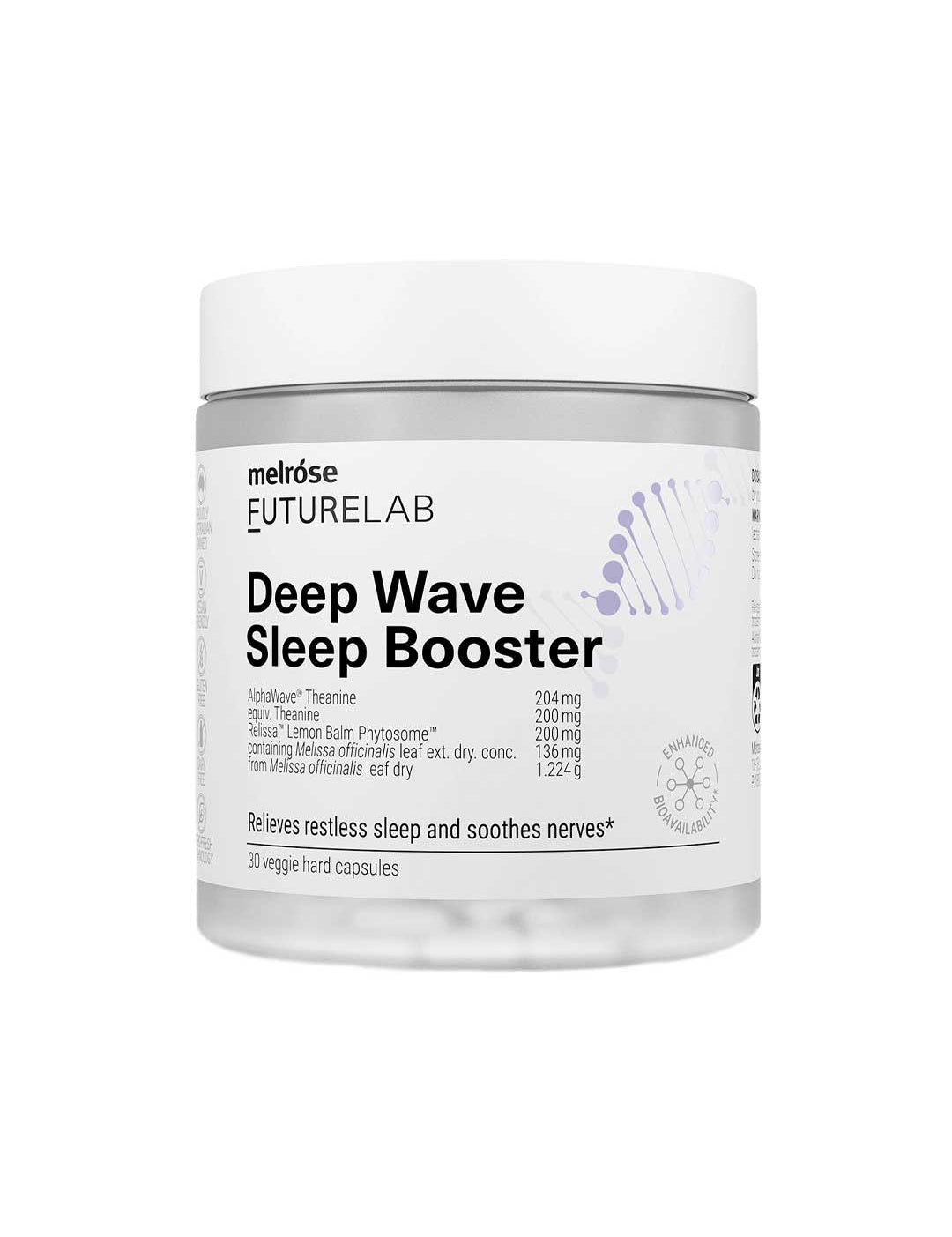 The white Melrose FutureLab Deep Wave Sleep Booster 30 caps features a DNA helix graphic, highlights L-Theanine for deep sleep and stress relief, and lists soothing ingredients for nerves on the label.