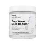 The white Melrose FutureLab Deep Wave Sleep Booster 30 caps features a DNA helix graphic, highlights L-Theanine for deep sleep and stress relief, and lists soothing ingredients for nerves on the label.