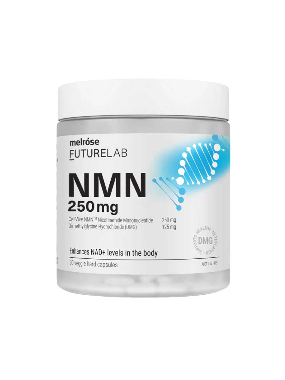 A white container of Melrose Health FutureLab NMN Capsules 250mg (30 veggie caps), featuring a blue DNA helix on the label, which highlights NAD+ level support for energy production.