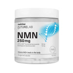 A white container of Melrose Health FutureLab NMN Capsules 250mg (30 veggie caps), featuring a blue DNA helix on the label, which highlights NAD+ level support for energy production.