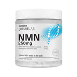 A white container of Melrose Health FutureLab NMN Capsules 250mg (30 veggie caps), featuring a blue DNA helix on the label, which highlights NAD+ level support for energy production.