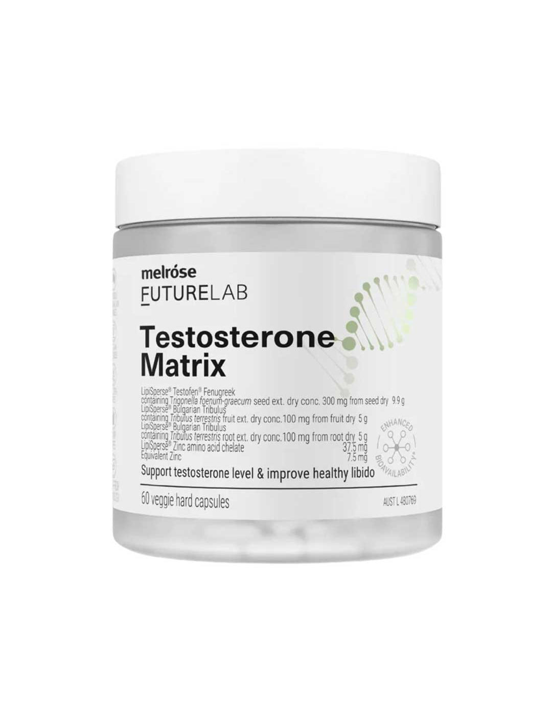A white jar labeled Melrose FutureLab Testosterone Matrix 60 caps contains veggie hard capsules. The label highlights testosterone support, male libido, and sperm health with a green DNA-style graphic on the right.