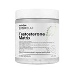 A white jar labeled Melrose FutureLab Testosterone Matrix 60 caps contains veggie hard capsules. The label highlights testosterone support, male libido, and sperm health with a green DNA-style graphic on the right.