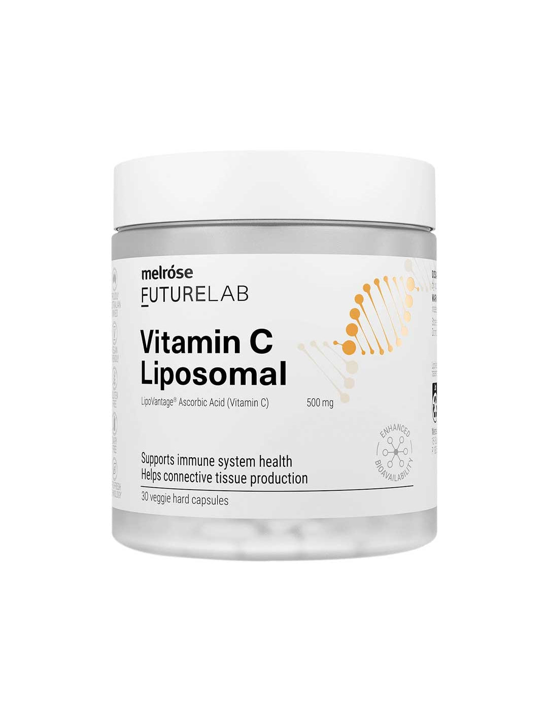 A white jar labeled Melrose FutureLab Vitamin C Liposomal 30 caps contains veggie capsules and highlights immune system health, connective tissue support, antioxidant protection, and a DNA helix graphic on the label.