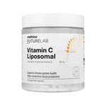 A white jar labeled Melrose FutureLab Vitamin C Liposomal 30 caps contains veggie capsules and highlights immune system health, connective tissue support, antioxidant protection, and a DNA helix graphic on the label.