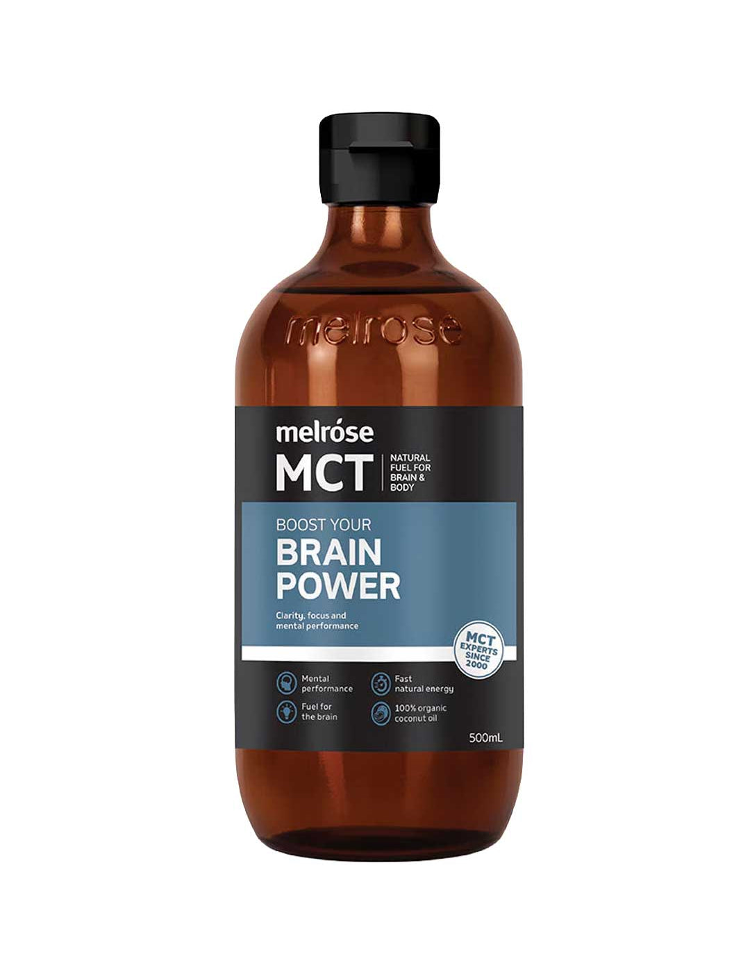 A 500mL brown bottle labeled Melrose MCT Oil Brain Power, with a black cap and blue-white label, promotes mental performance, clarity, and fast natural energy.