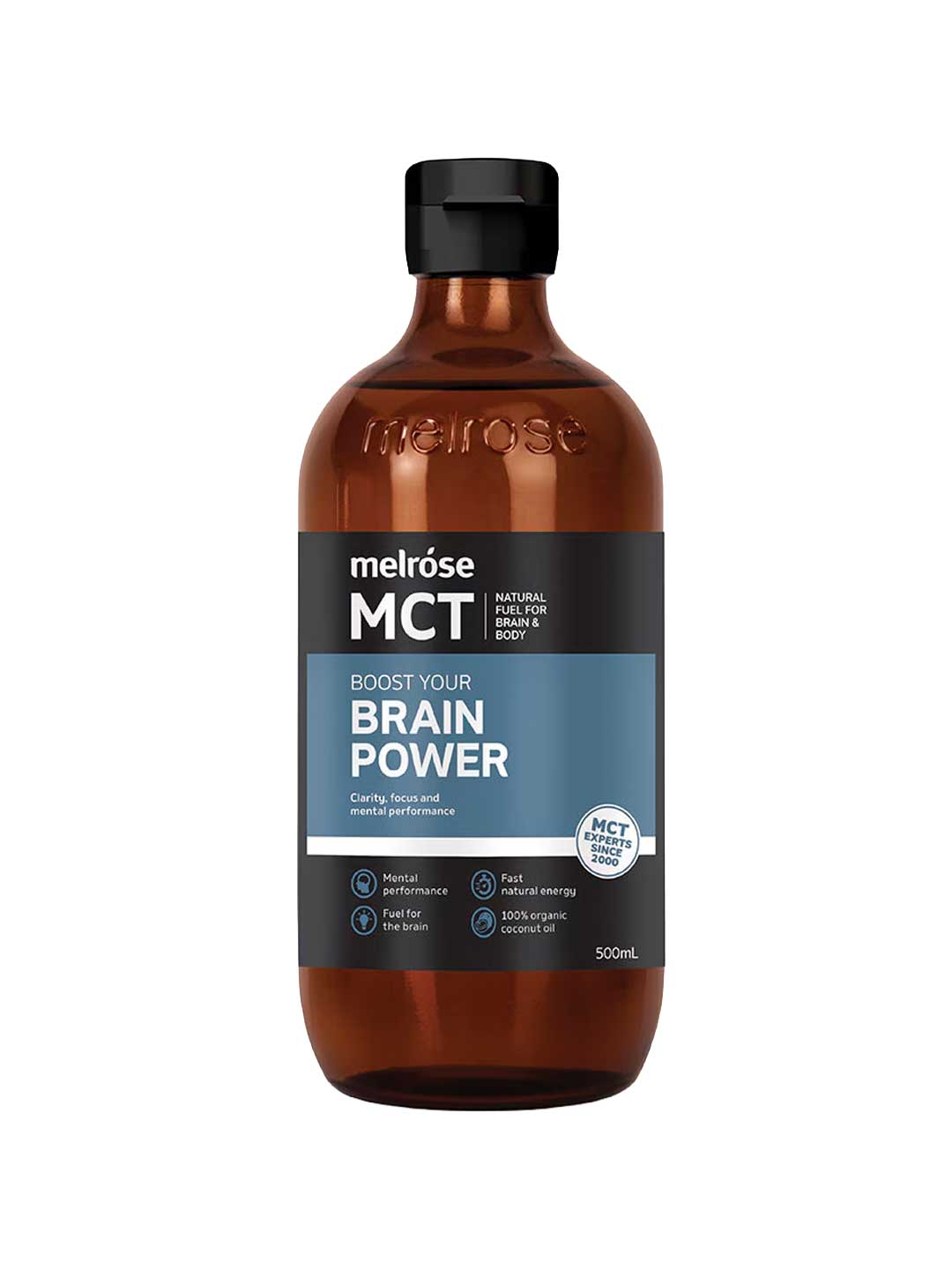 A 500mL brown bottle labeled Melrose MCT Oil Brain Power, with a black cap and blue-white label, promotes mental performance, clarity, and fast natural energy.