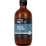 A 500mL brown bottle labeled Melrose MCT Oil Brain Power, with a black cap and blue-white label, promotes mental performance, clarity, and fast natural energy.