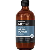 A 500mL brown bottle labeled Melrose MCT Oil Brain Power, with a black cap and blue-white label, promotes mental performance, clarity, and fast natural energy.