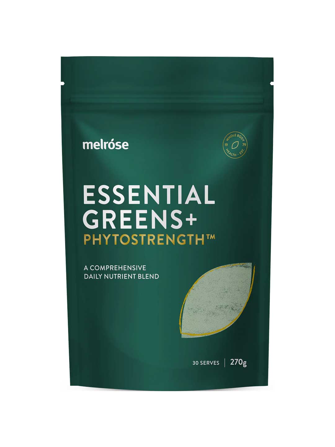 A green pouch labeled Melrose Organic Essential Greens+ Phytostrength Powder 270g, featuring a small image of green powder, offers 30 serves of a daily phytonutrient supergreens blend.