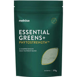 A green pouch labeled Melrose Organic Essential Greens+ Phytostrength Powder 270g, featuring a small image of green powder, offers 30 serves of a daily phytonutrient supergreens blend.