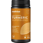 A 120g jar of Melrose Turmeric Superblend, a superfood powder rich in curcuminoids for inflammation support, featuring a brown and orange design with a transparent section showing the powder inside.