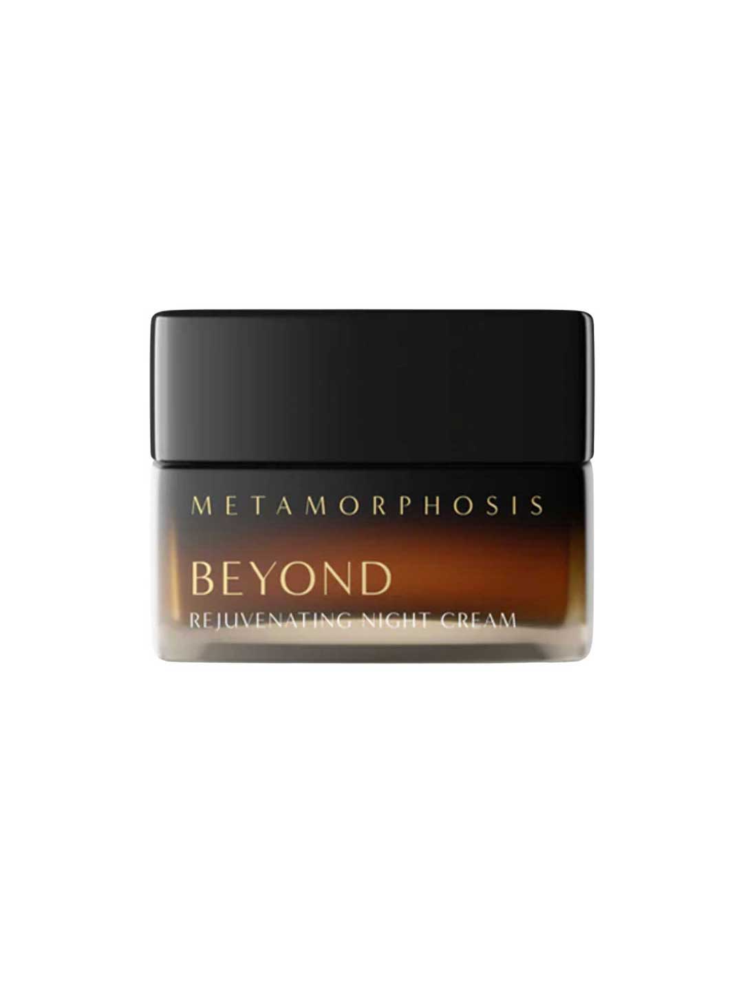 A small, square jar of Metamorphosis Beyond Rejuvenating Night Cream 50ml with a black lid and brown gradient container sits against a white background—an anti-aging night cream ideal for menopausal skin.