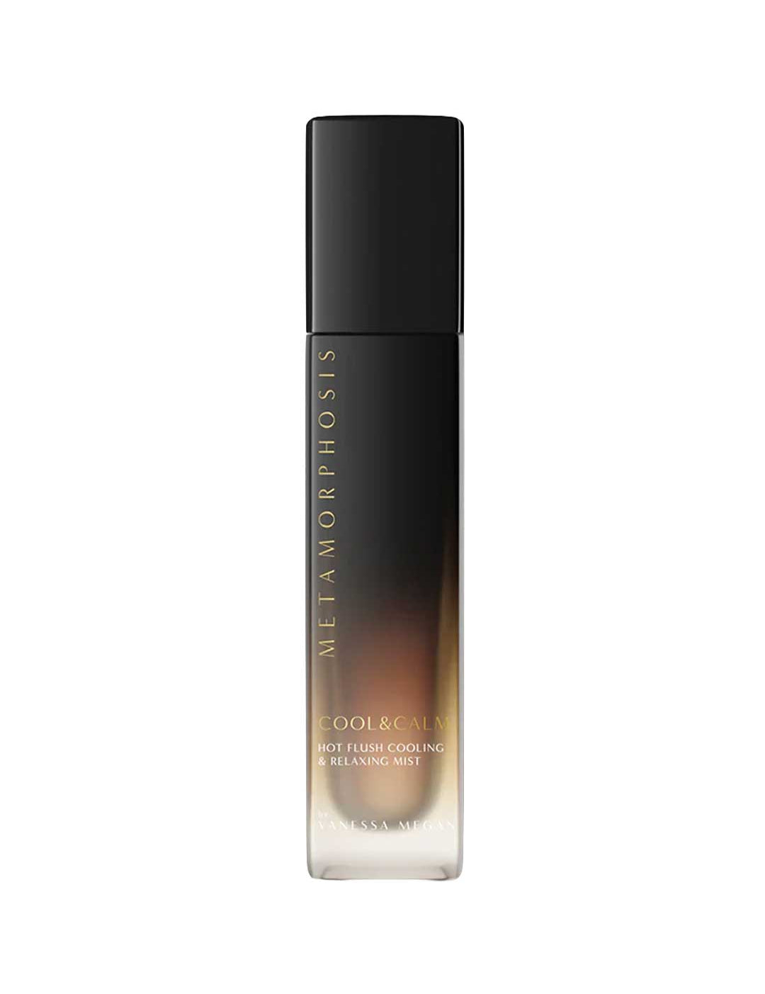 A sleek black and gold ombre 100ml bottle labeled Metamorphosis Cool & Calm Hot Flush Cooling & Relaxing Mist features essential oils for soothing hormonal support.