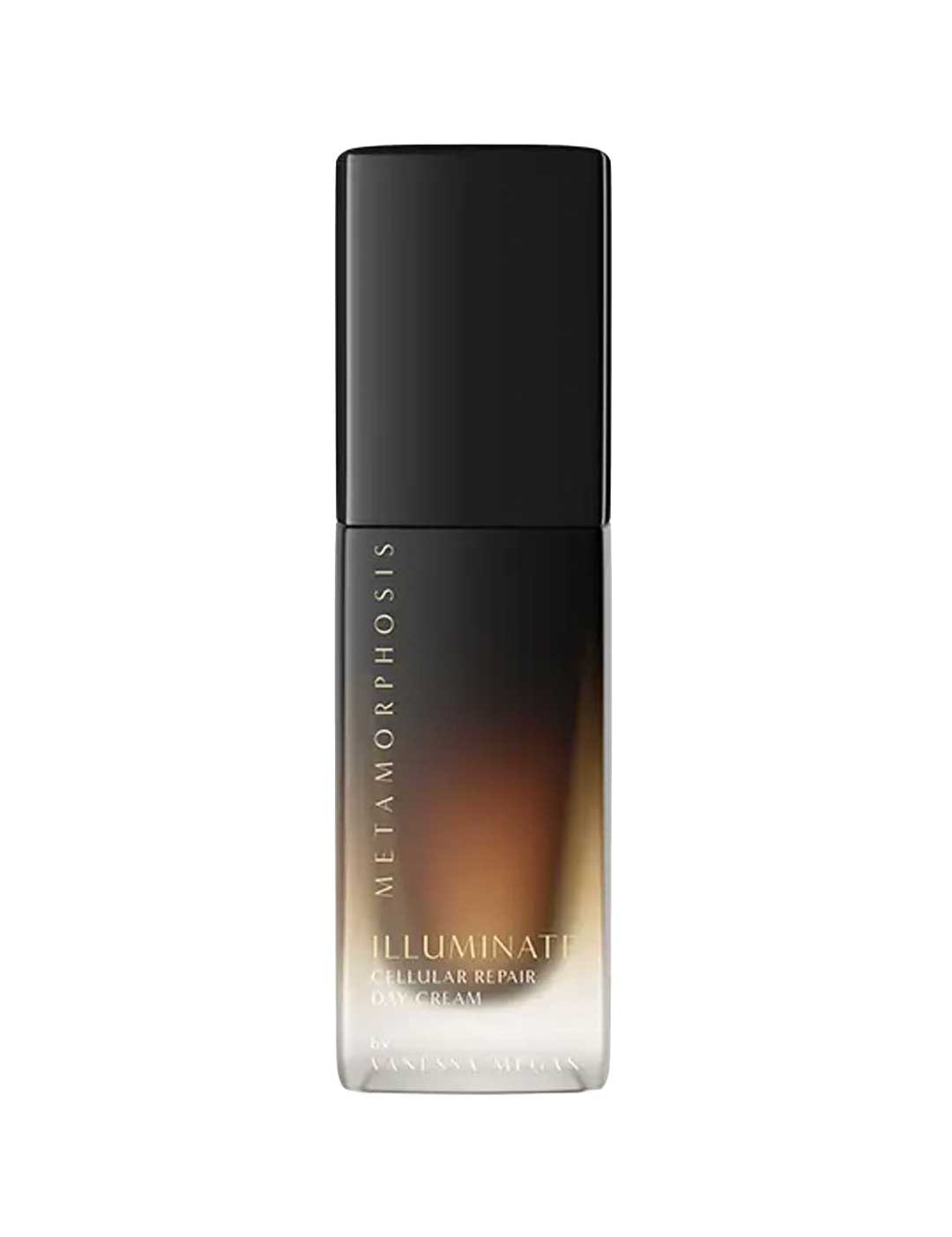 A 30ml bottle of Metamorphosis Illuminate Cellular Repair Day Cream with a black cap and gradient black-to-clear lower half, gold text branding, designed for anti-aging and collagen boosting.