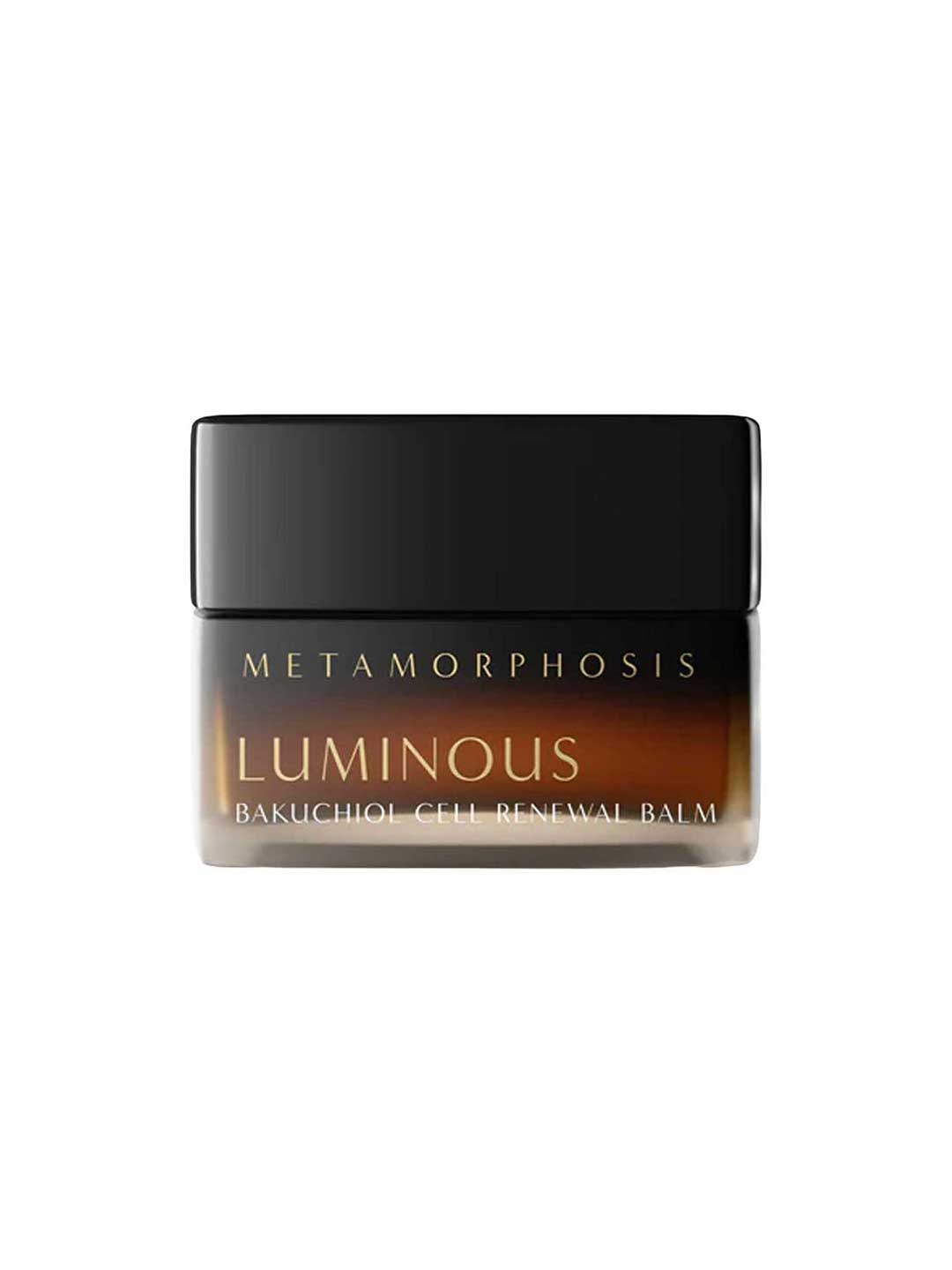 Metamorphosis Luminous Bakuchiol Cell Renewal Balm 50ml, a retinol alternative ideal for menopausal skin, is shown with a black lid and amber base on a white background.