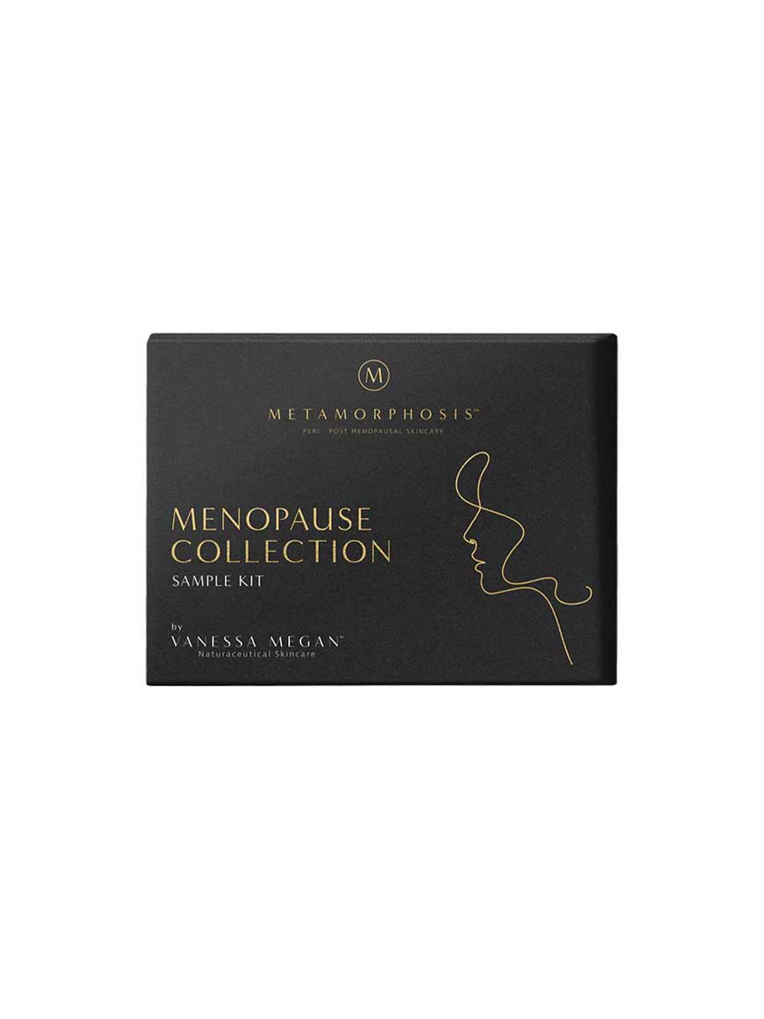 The Metamorphosis Menopause Collection Sample Kit features a sleek black box with a gold outline of a woman’s profile—perfect for menopause skincare and targeting pigmentation.