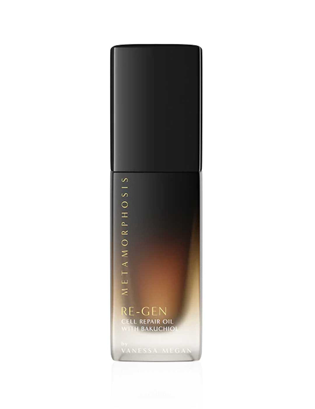 A 30ml bottle of Metamorphosis Re-Gen Cell Repair Oil with Bakuchiol, designed for menopausal skin, features a black cap, gradient amber-to-clear glass, and gold and white front text.