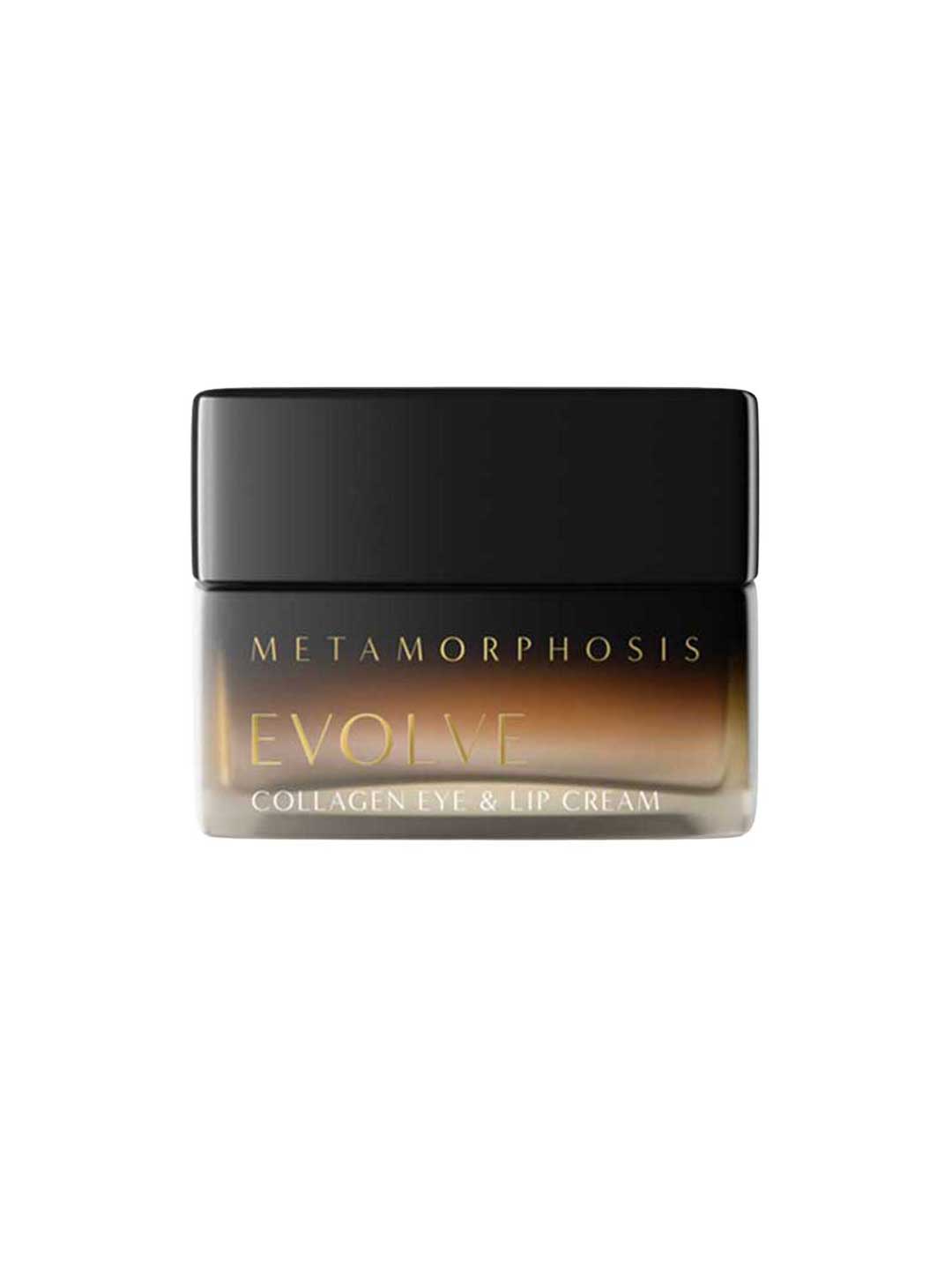 A small jar labeled Metamorphosis Evolve Collagen Eye & Lip Cream pairs perfectly with Metamorphosis Revival Neck & Décolletage Cream 50ml—ideal for targeting menopausal skin and enhancing your skincare routine.