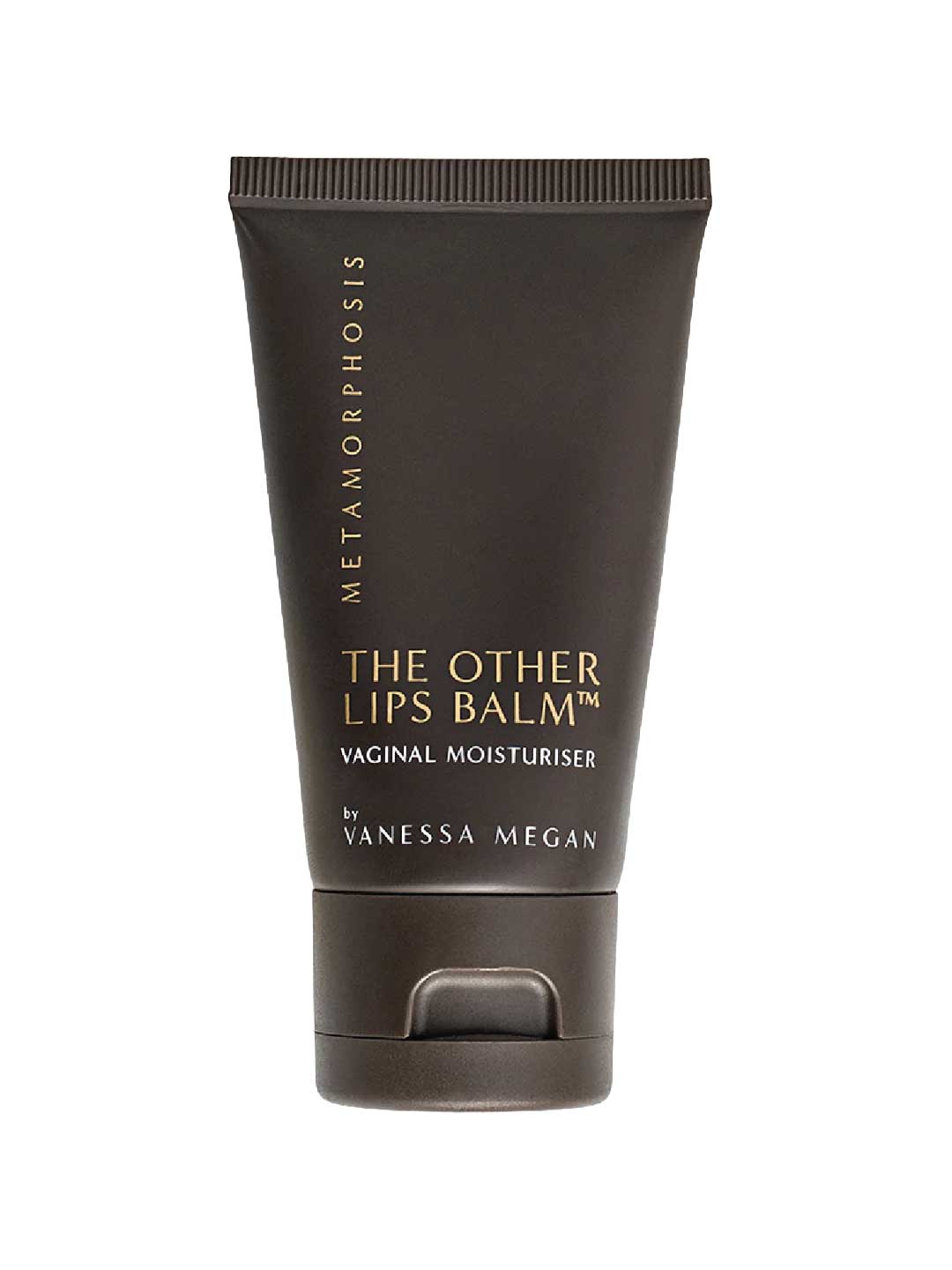 A black tube labeled Metamorphosis The Other Lips Balm™ 50ml stands upright against a white background, featuring gold and white text—perfect as a natural intimate balm for menopause dryness relief.