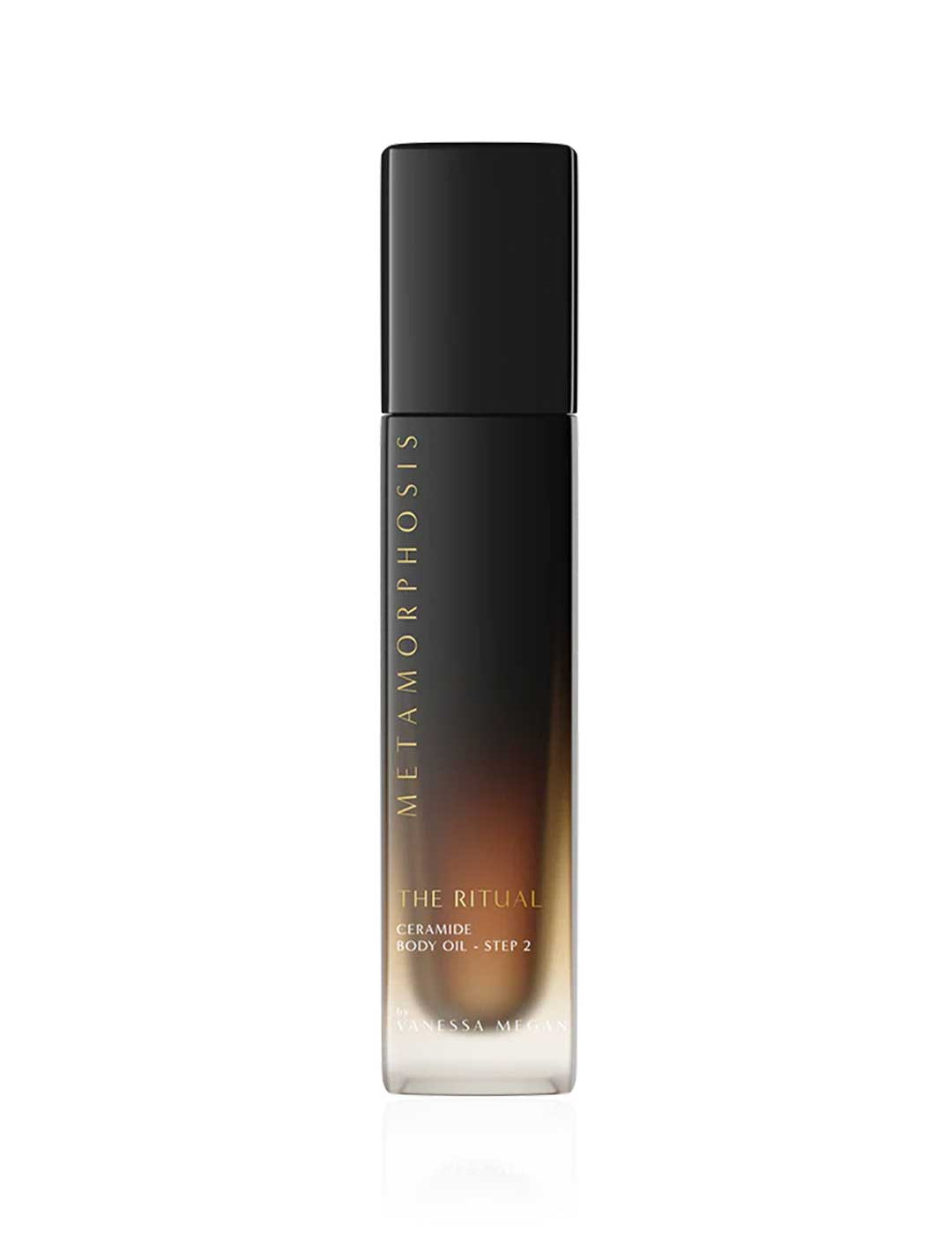 A sleek gradient glass bottle with a black cap, labeled Metamorphosis The Ritual Ceramide Body Oil 100ml by Metamorphosis, is shown on a white background—perfect for hydrating skin in menopause routines.
